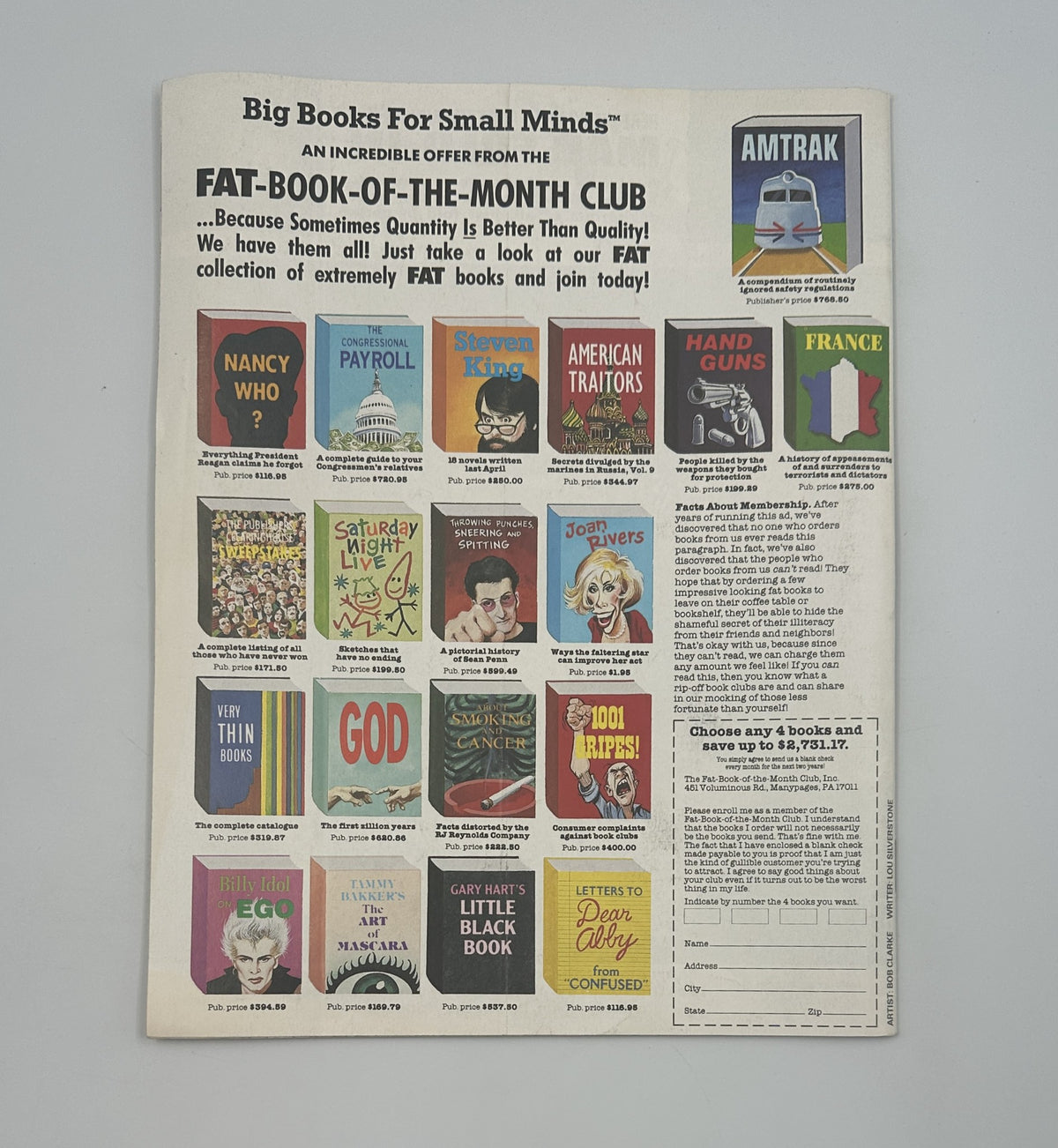Back cover of MAD Magazine No. 275, December 1987 promoting the FAT-BOOK-OF-THE-MONTH CLUB with various book covers displayed including titles like 'Homicidal Payroll' and 'Steven King'. The layout highlights an incredible offer for book enthusiasts.