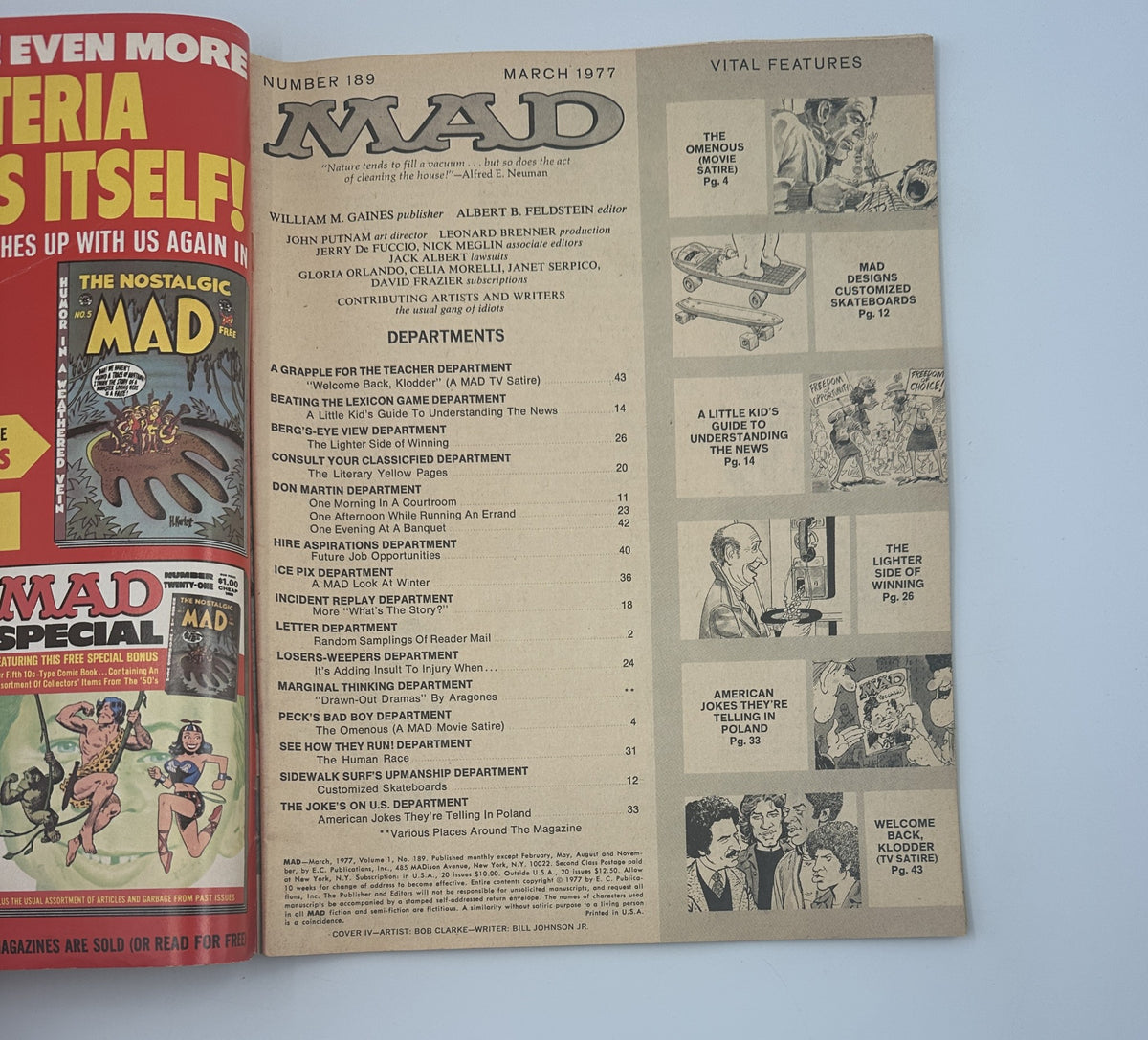 MAD Magazine No. 189 March 1977 Welcome Back Klodder Omen Skateboards featuring departments such as the Teacher Department and a table of contents.