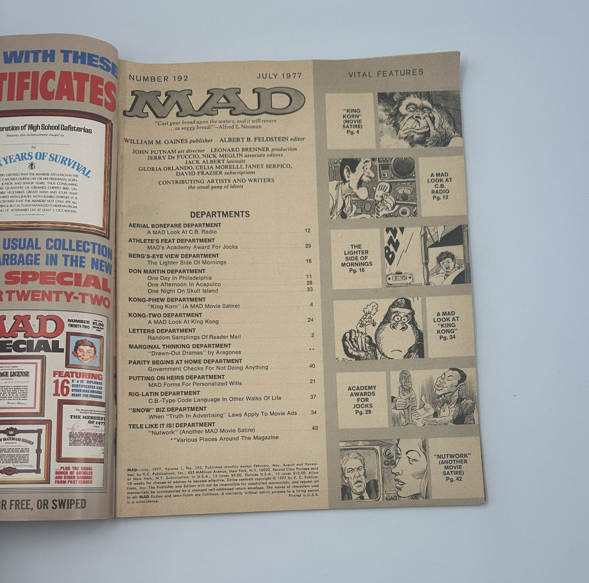 Inside page of MAD Magazine No. 192 from July 1977, displaying the table of contents with department listings and article titles.