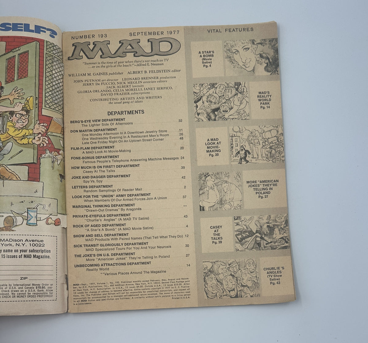 Inside page of MAD Magazine No. 193 from September 1977 displaying the Table of Contents. The page highlights various features including 'A Star Is Born' and other departments within the magazine.