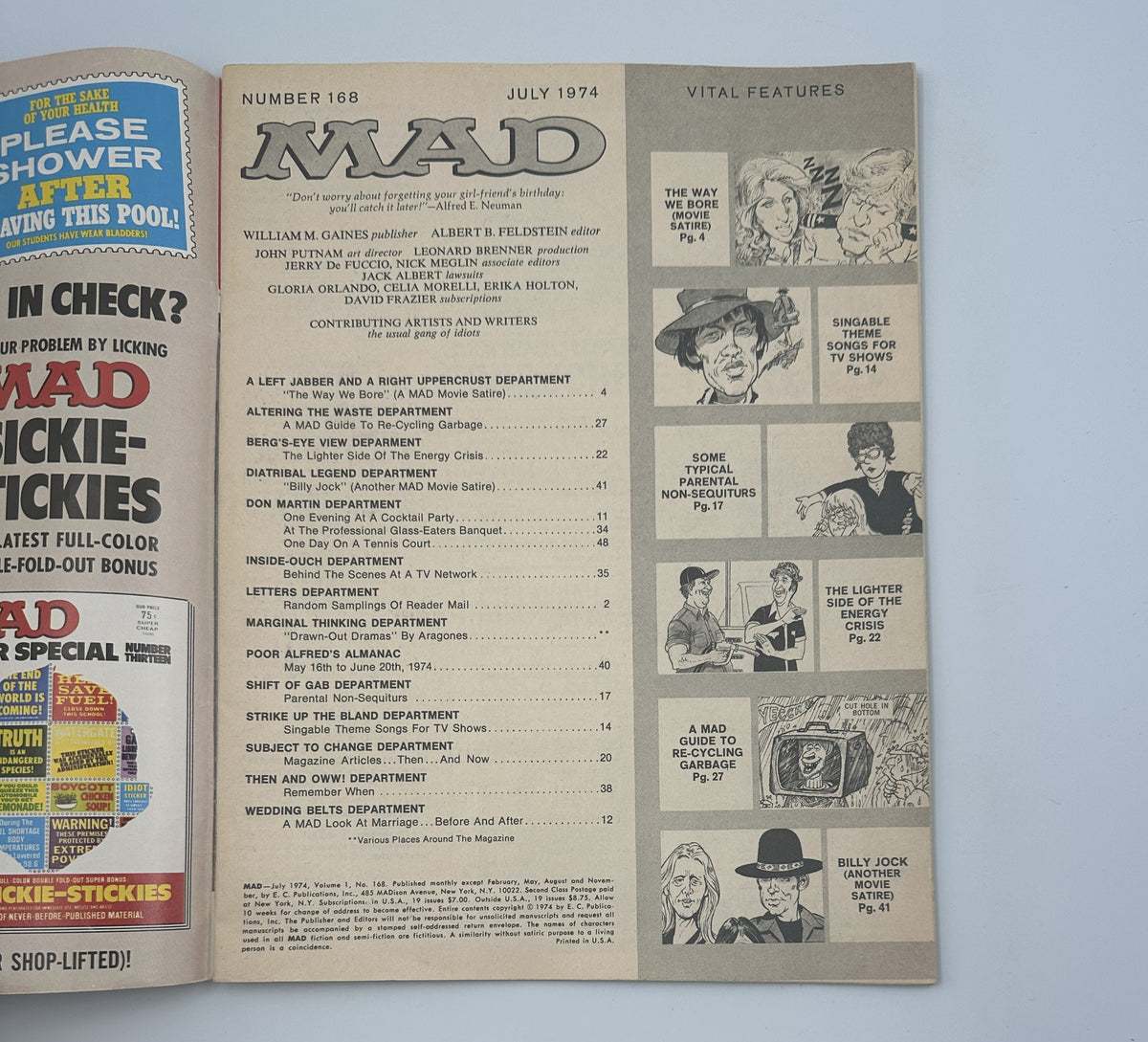 Inside page of MAD Magazine No. 168 from July 1974 showcasing the table of contents including features like 'The Way We Bore' and 'Billy Jock'.
