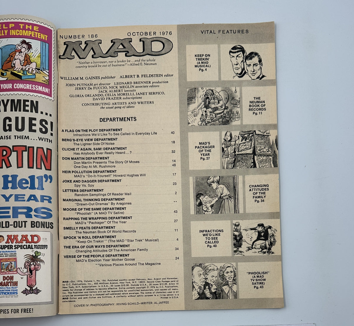 Interior page of MAD Magazine No. 186 October 1976 showing the Table of Contents, highlighting various departments and features in the issue.