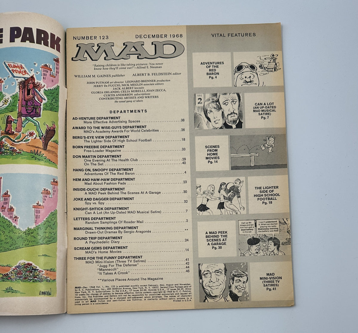 Inside page of MAD Magazine No. 123 (December 1968) displaying the Table of Contents with various departments including 'Adventures of the Red Baron' and 'Scenes from A Garage'.