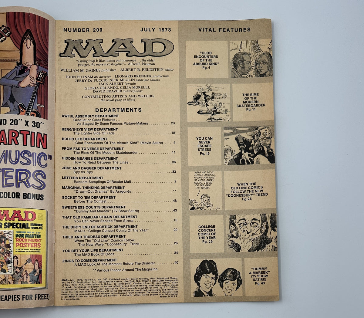 Inside page of MAD Magazine No. 200 from July 1978 displaying the Table of Contents and the magazine's vital features, highlighting various departments such as Awful Assembly and Boffo Ufo.
