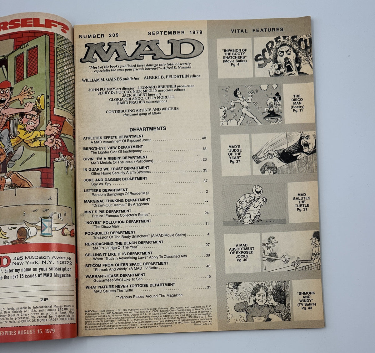 Inside pages of MAD Magazine No. 209 September 1979 showing the Table of Contents alongside vibrant illustrations, detailing various departments including 'ATHLETES EFFETE' and 'SPY VS. SPY'.