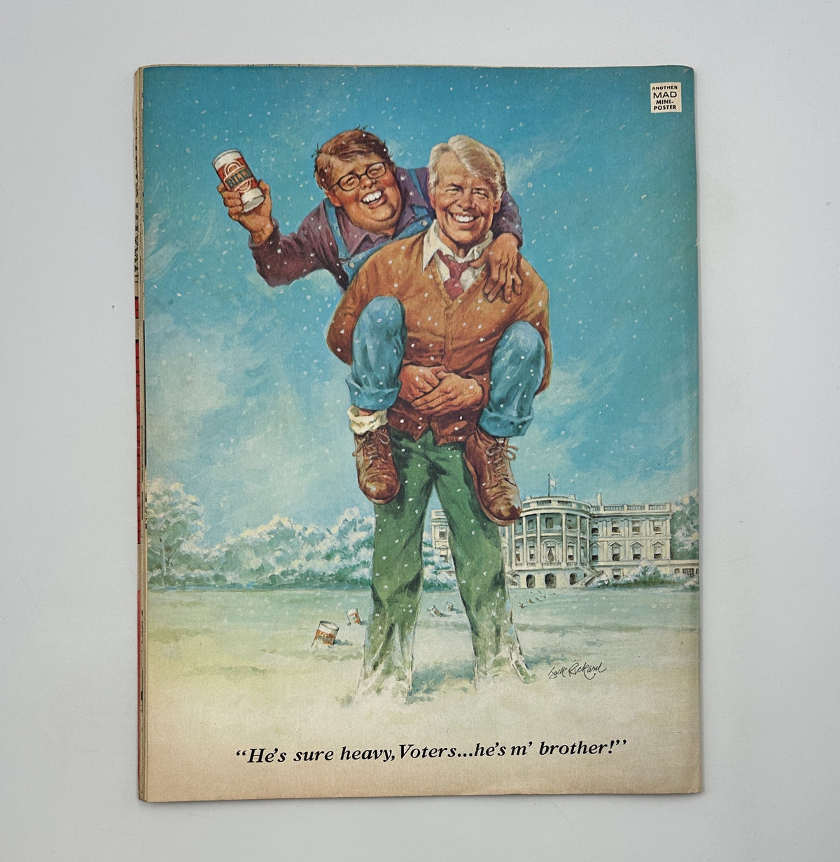 Back cover of MAD Magazine No. 209 September 1979 displaying a humorous illustration of two characters, with one character giving a thumbs up and a can in hand, under the caption 'He's sure heavy, Voters... he's m' brother!'.