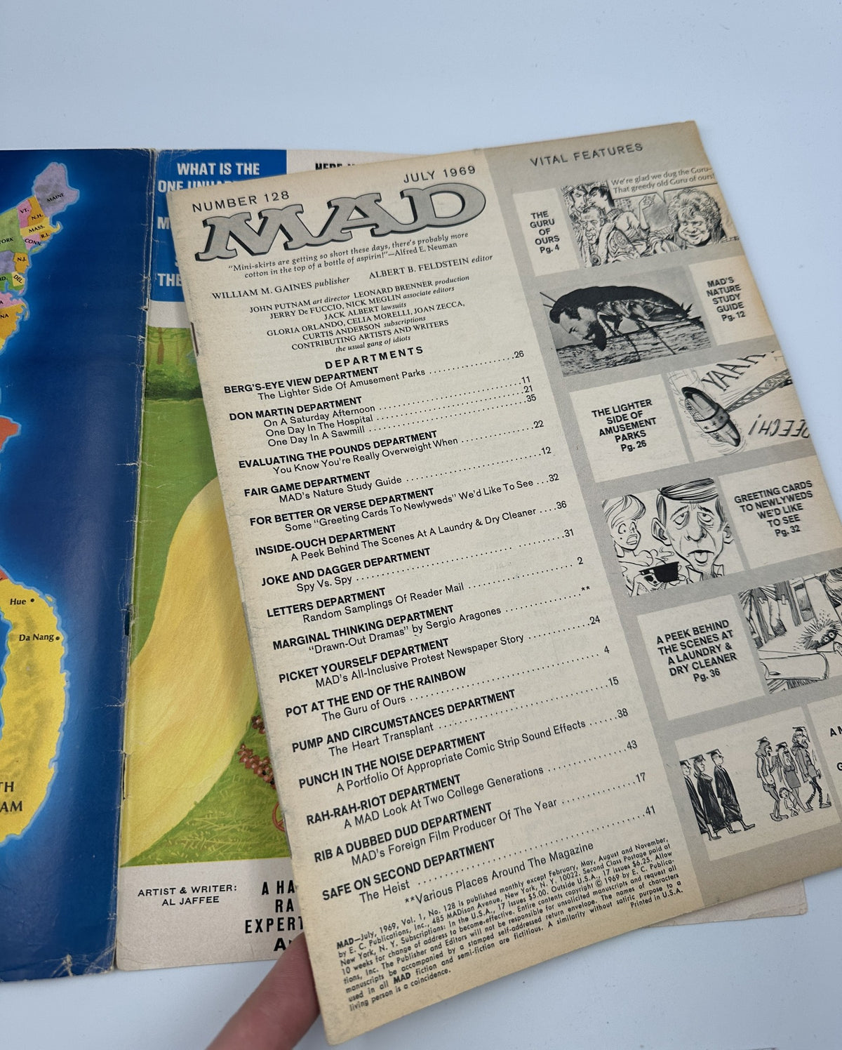 MAD Magazine No. 128, July 1969 cover featuring Table of Contents listing various departments including Berg's-Eye View and Don Martin Department.