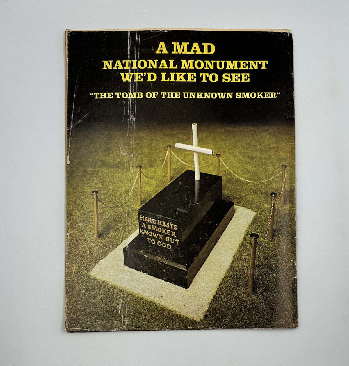 Back cover of MAD Magazine No. 128, July 1969, showcasing a humorous illustration titled 'A MAD National Monument We'd Like to See: The Tomb of the Unknown Smoker'.