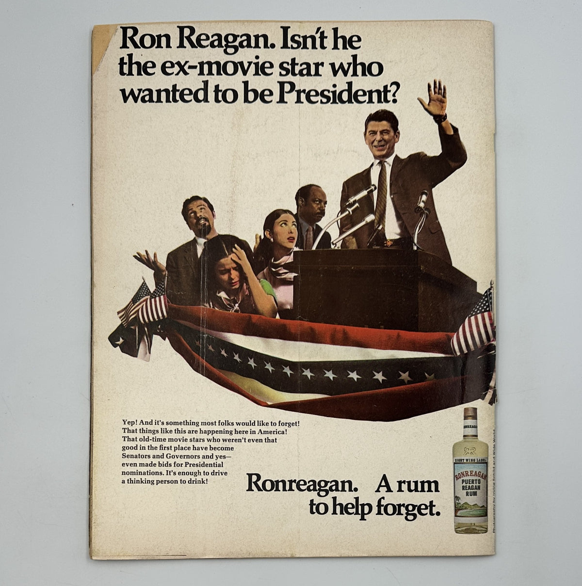 Back cover of MAD Magazine No. 131, December 1969, featuring an ironic political commentary on Ron Reagan with an image of him at a podium.