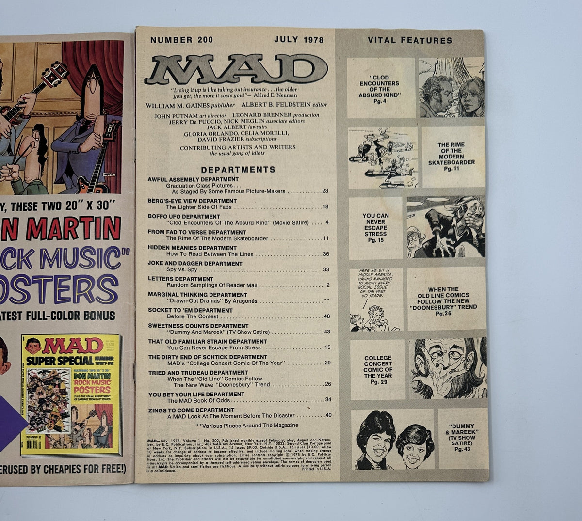 MAD Magazine No. 200 July 1978 Table of Contents detailing the humor sections including 'Clod Encounters Of The Absurd Kind' and 'The Rime Of The Modern Skateboarder'.