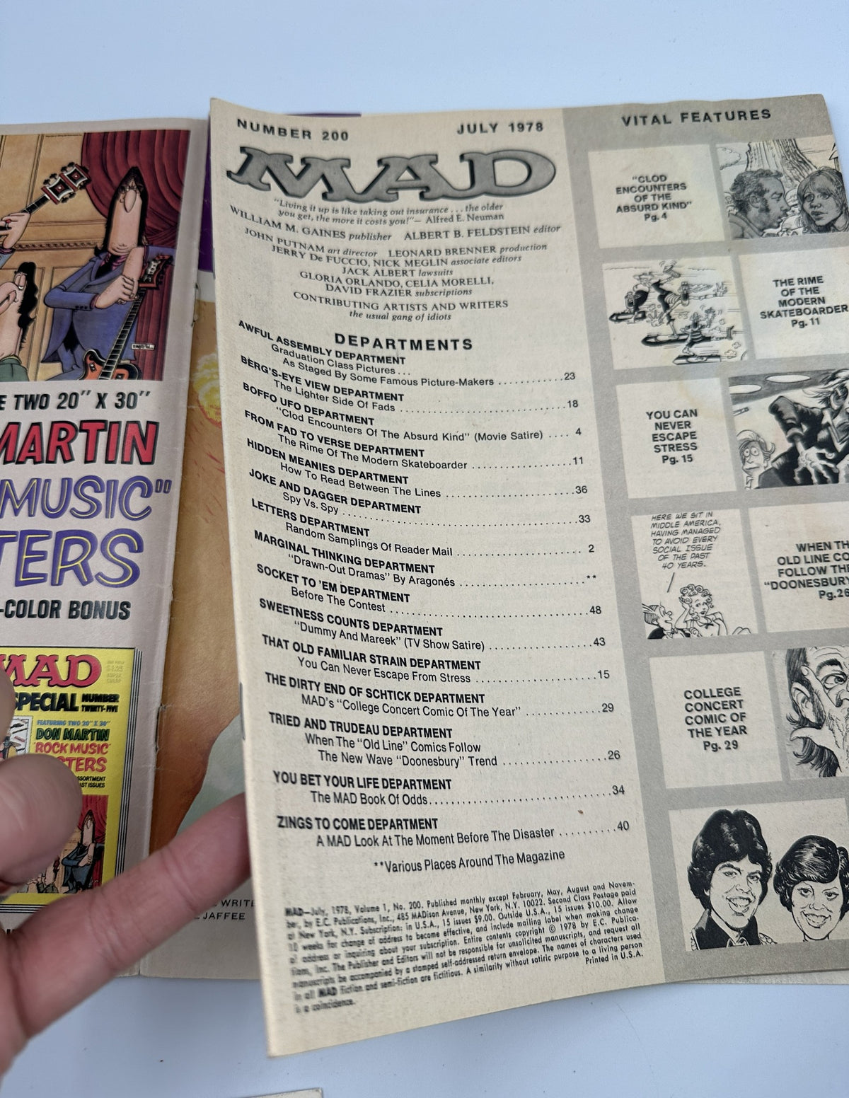 MAD Magazine No. 200 July 1978 Table of Contents page featuring various departments such as Awful Assembly, Boffo UFO, and You Bet Your Life.