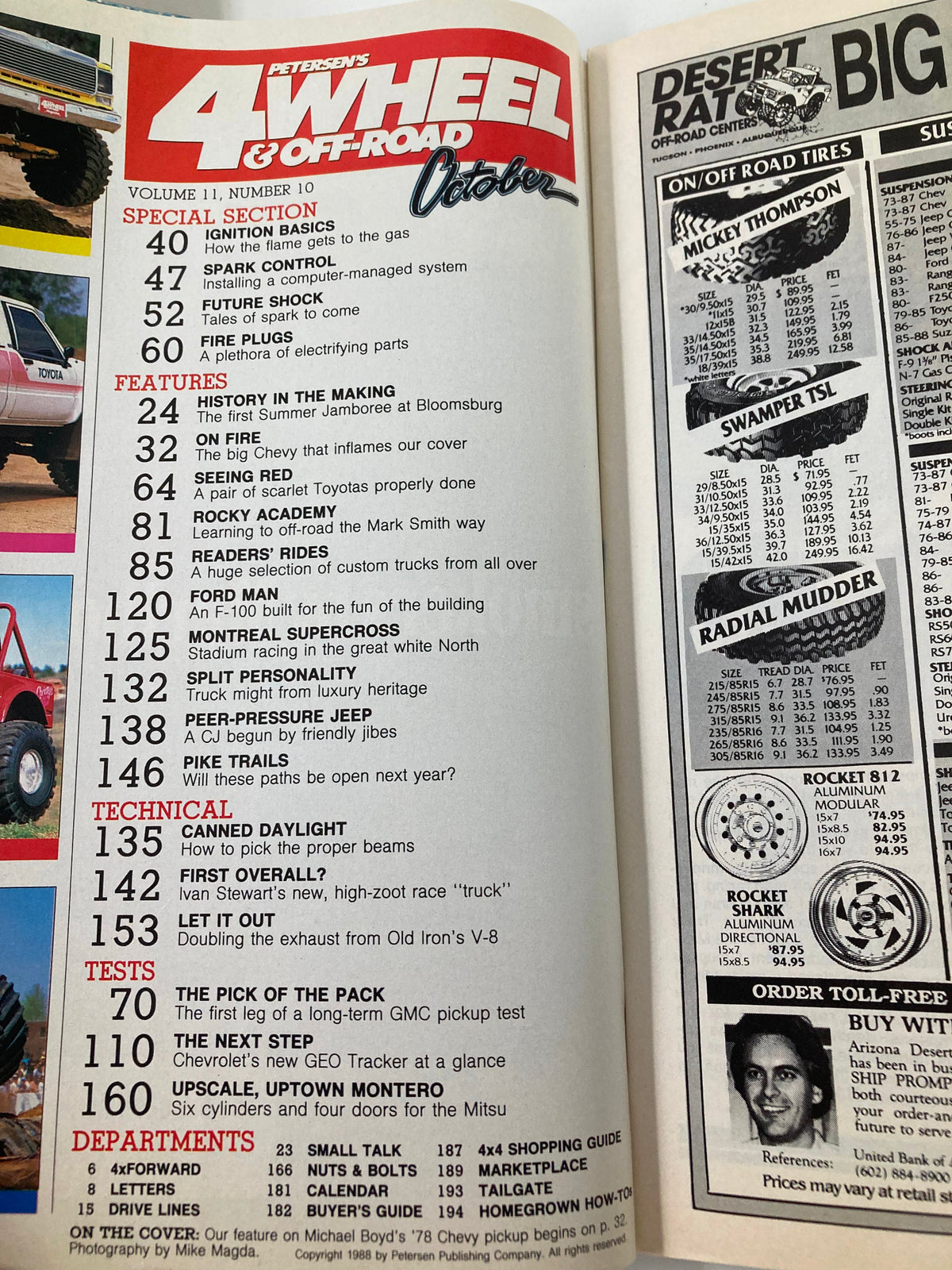 Petersen's 4 Wheel & Off-Road Magazine October 1988 featuring the table of contents and advertisements, showcasing Michael Boyd's iconic '78 Chevy and various technical features related to off-roading. Includes sections on ignition basics, spark control, and custom truck modifications.