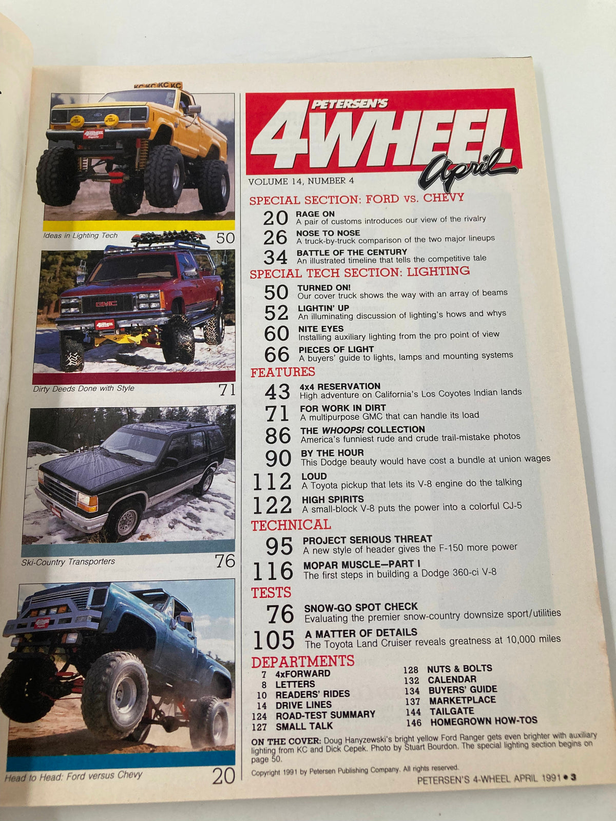 Interior page of Petersen's 4 Wheel & Off-Road Magazine, April 1991, showcasing feature articles and vehicles including Doug Hanyzewski's Ford Ranger with a table of contents detailing off-road topics.