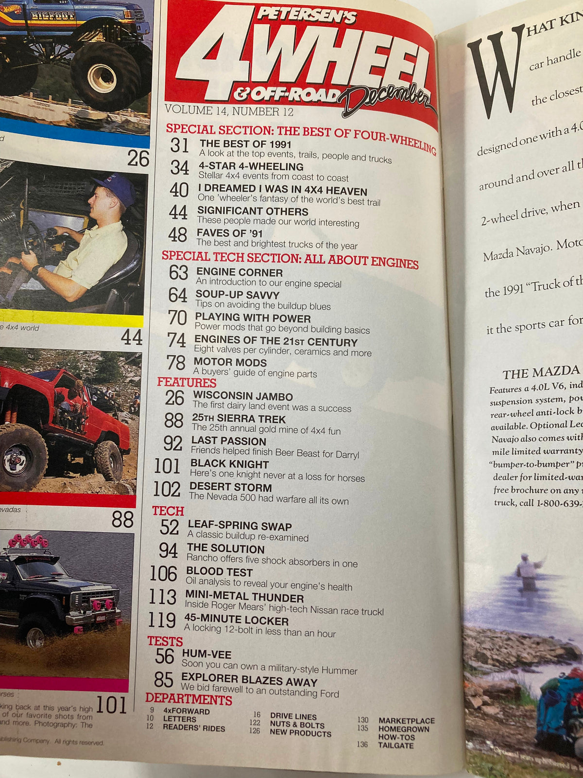 Interior page of Petersen's 4 Wheel & Off-Road Magazine December 1991, listing contents including articles on the best of four-wheeling, engine technology, and off-road tips, highlighting the vintage spirit of automotive engineering.