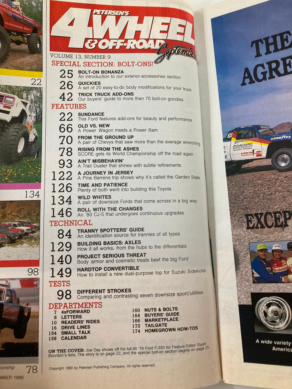 Interior page from Petersen's 4 Wheel & Off-Road Magazine September 1990 showcasing the table of contents including features on truck modifications and technical guides, highlighting articles relevant to off-roading enthusiasts.