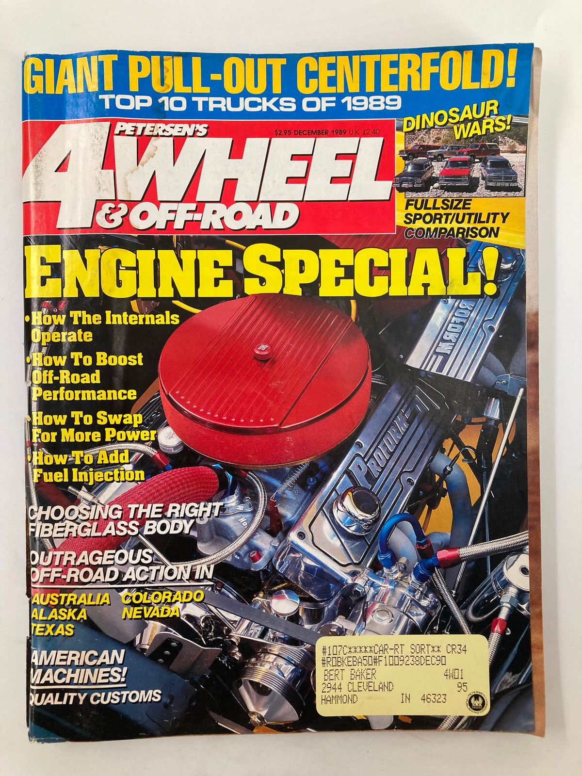 Cover of Petersen's 4 Wheel & Off-Road Magazine December 1989 featuring the 383ci V-8 Old Iron, highlighting engine specifications and off-road topics.