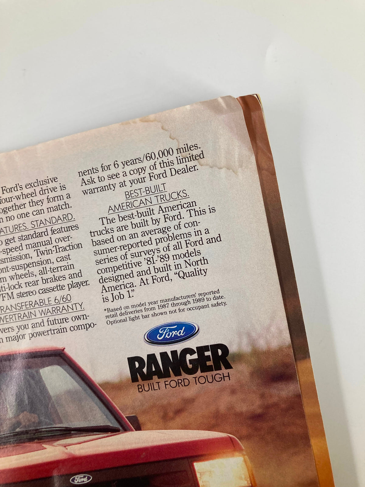A page from Petersen's 4 Wheel & Off-Road Magazine December 1989, featuring Ford Ranger advertisement about quality American trucks.