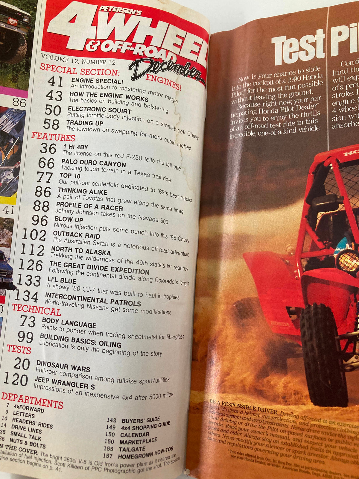 Interior page of Petersen's 4 Wheel & Off-Road Magazine December 1989, outlining special sections and featured articles on off-road vehicles.