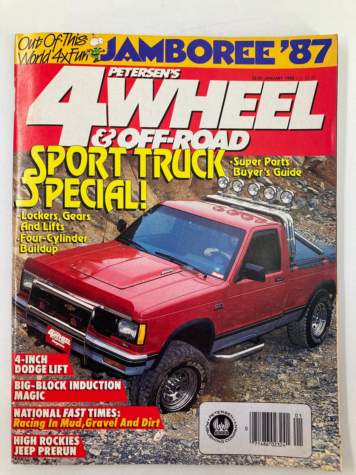 Petersen's 4 Wheel & Off-Road Magazine January 1988 featuring a vibrant red Chevy S-10 truck on the cover, highlighting off-road modifications and accessories, showcasing the essence of vintage automotive culture.