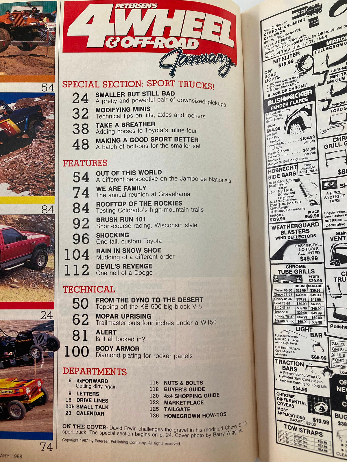 Table of contents from Petersen's 4 Wheel & Off-Road Magazine, January 1988, featuring articles on sport trucks, DIY modifications, and off-road adventures, including the Chevy S-10 truck highlight.