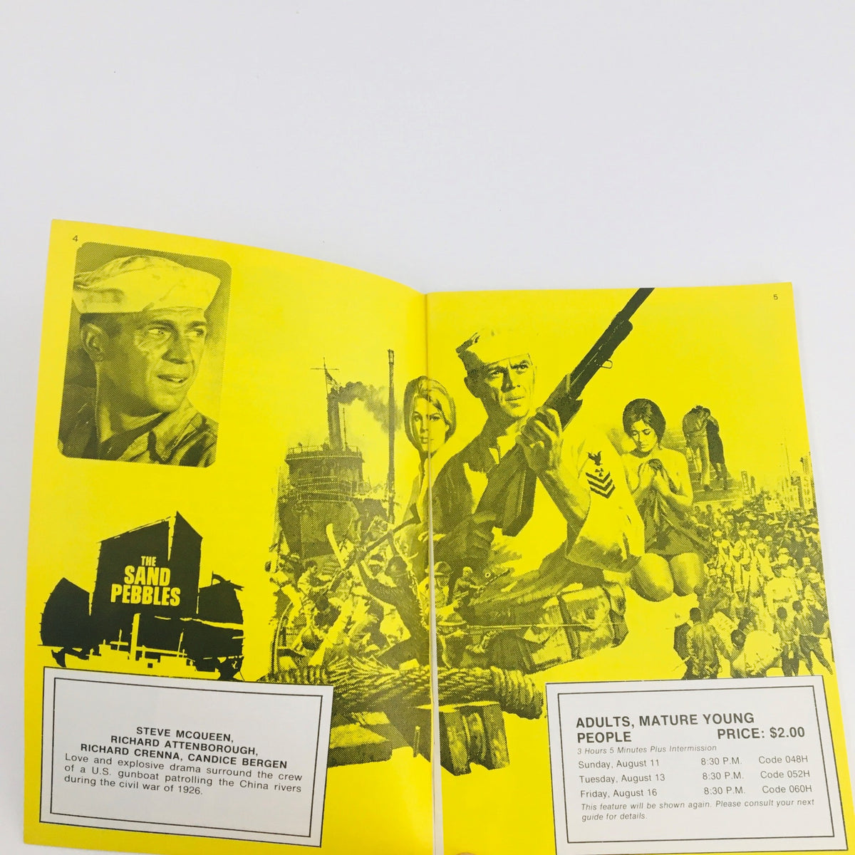 Inside spread of STV Magazine Subscription TV August 3-16 1968 featuring Steve McQueen and Richard Crenna, showcasing 'The Sand Pebbles' with vibrant yellow background and iconic imagery from the era.