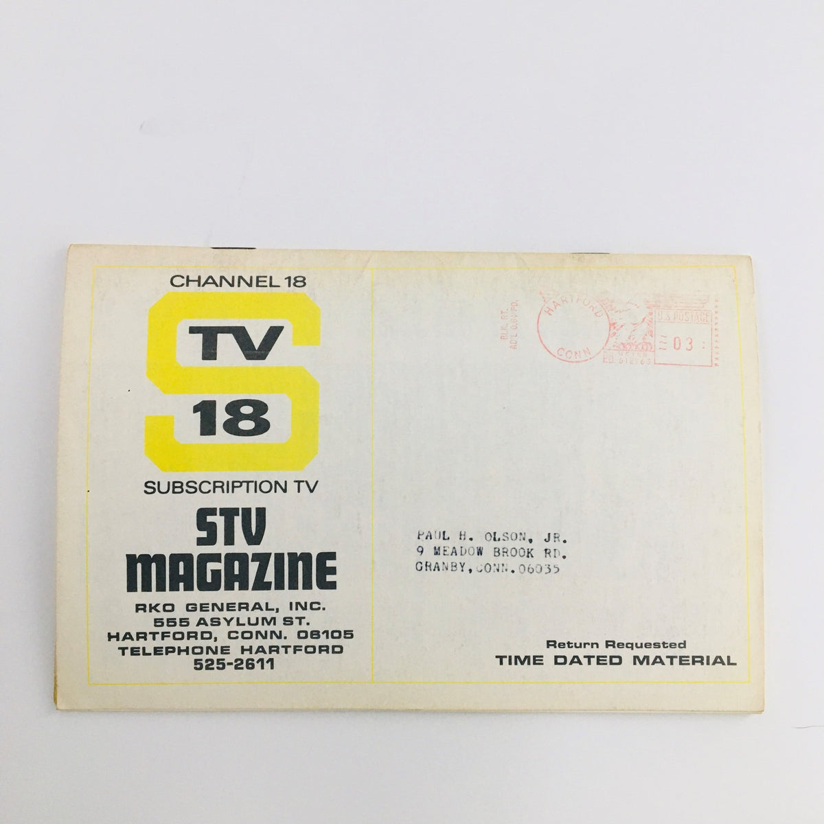 Back cover of STV Magazine Subscription TV August 3-16 1968 with vintage address label, highlighting RKO General, Inc. details and nostalgic television history.