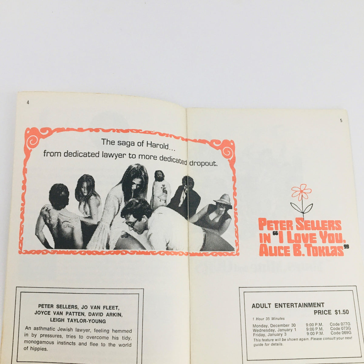 Inside page of STV Magazine Subscription TV highlighting 'I Love You, Alice B. Toklas' with a visual narrative of the film and a listing of adult entertainment showtimes.