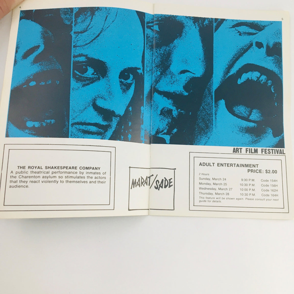 Inside page of STV Magazine Subscription TV March 16-29, 1968 showcasing promotional information for the 'Marat/Sade' performance by the Royal Shakespeare Company.