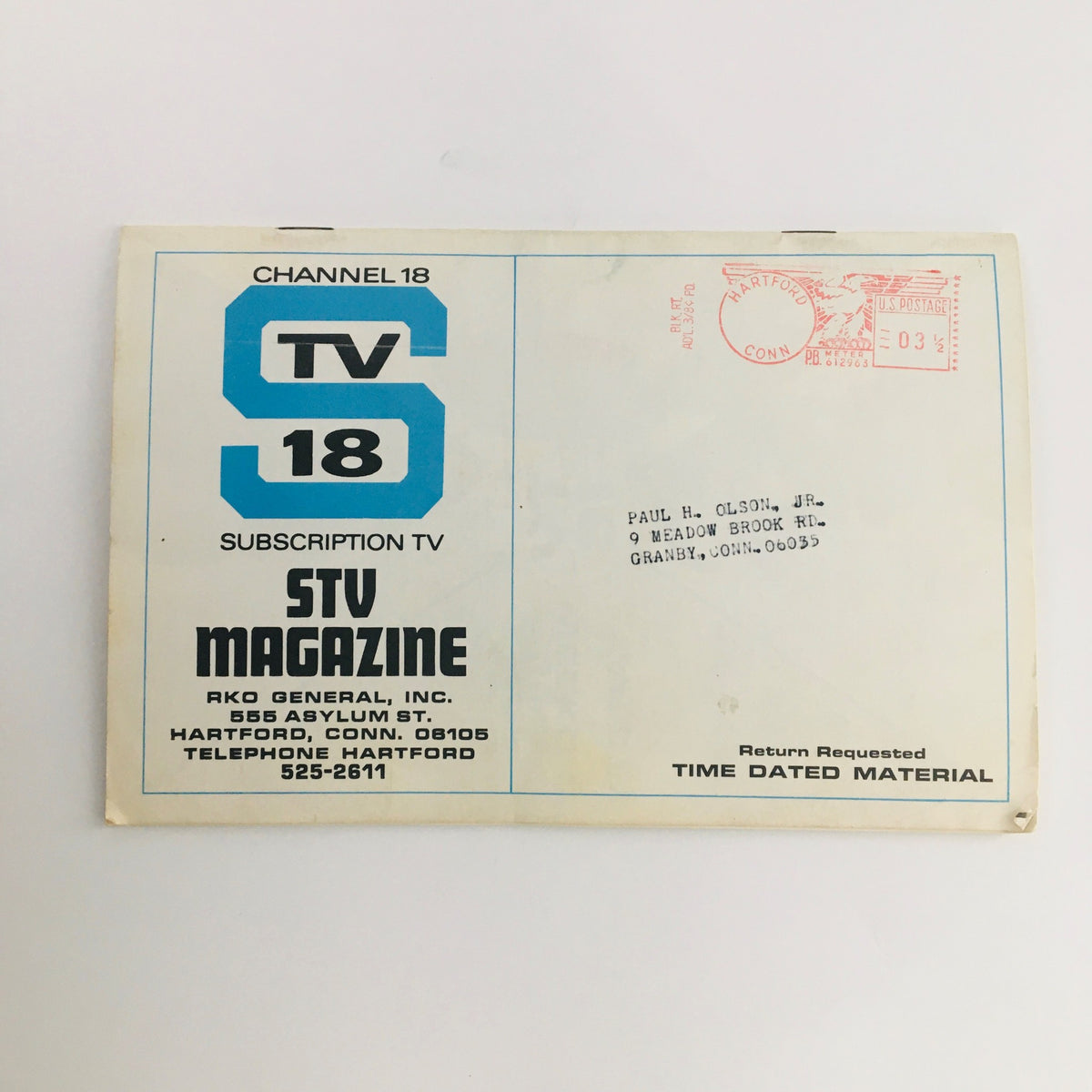 Back cover of STV Magazine Subscription TV March 16-29, 1968 displaying the magazine's address label and postage details.
