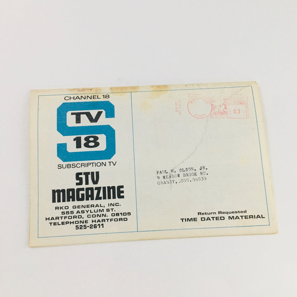 Back cover of STV Magazine Subscription TV from November 23 to December 7, 1968 with address label and postage information.