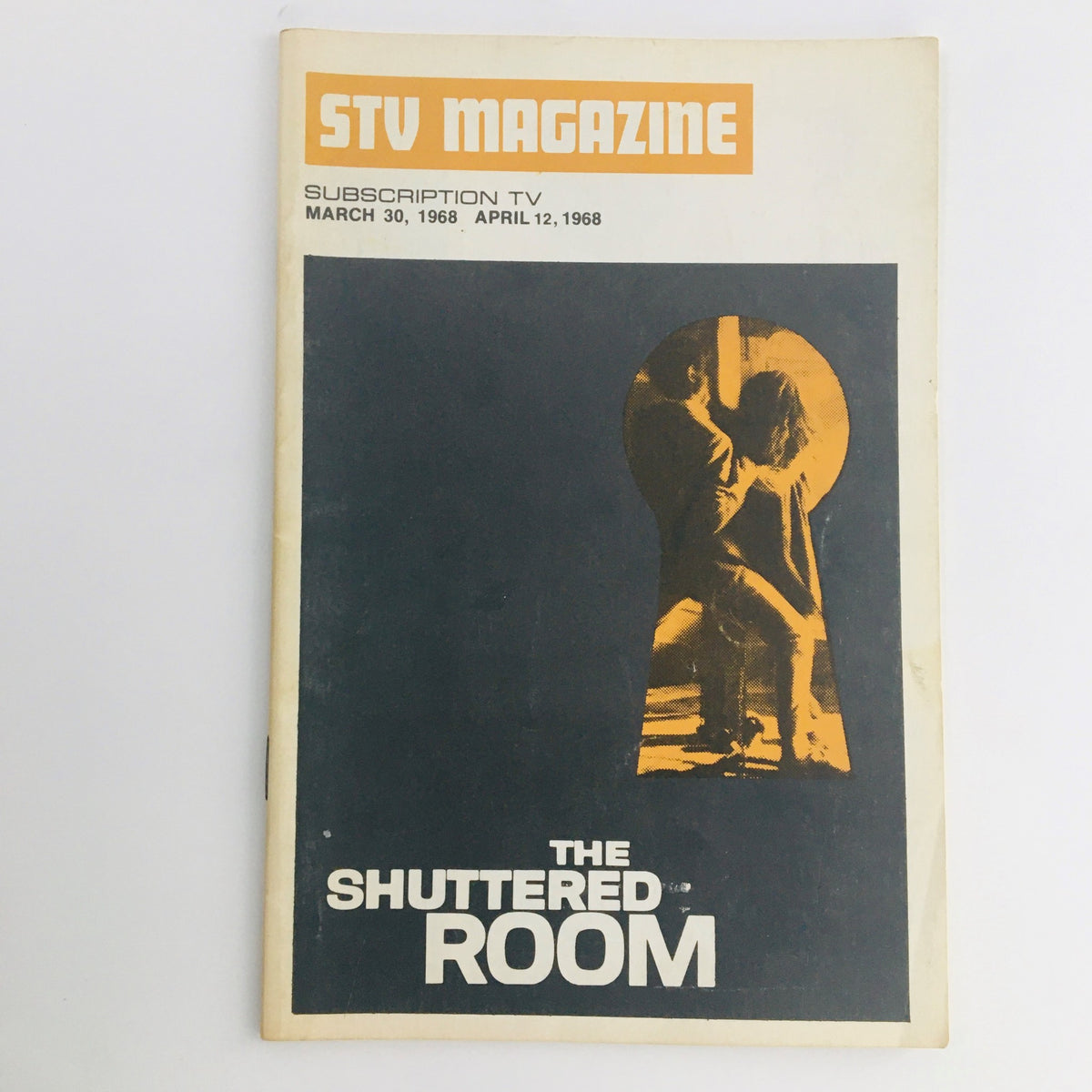 Cover of STV Magazine Subscription TV from March 30 to April 12, 1968, featuring 'The Shuttered Room' film. This vintage magazine showcases a striking keyhole design with a mysterious image related to the film, highlighting its classic cinema heritage.