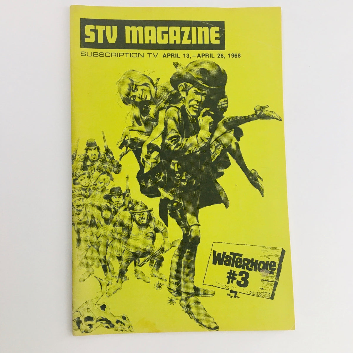 STV Magazine Subscription TV April 13-26 1968 featuring artwork from Waterhole No. 3, showcasing characters from the film on a bright yellow cover.