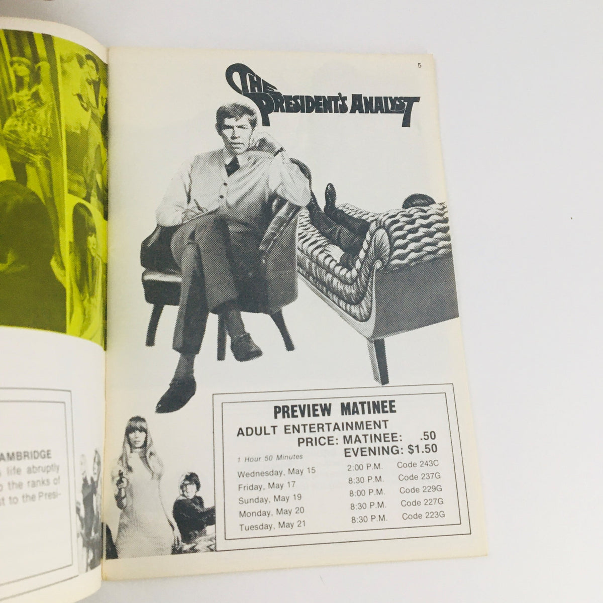 Interior page from STV Magazine Subscription TV May 11-24 1968 highlighting 'The President's Analyst' with a preview of showtimes and ticket prices.