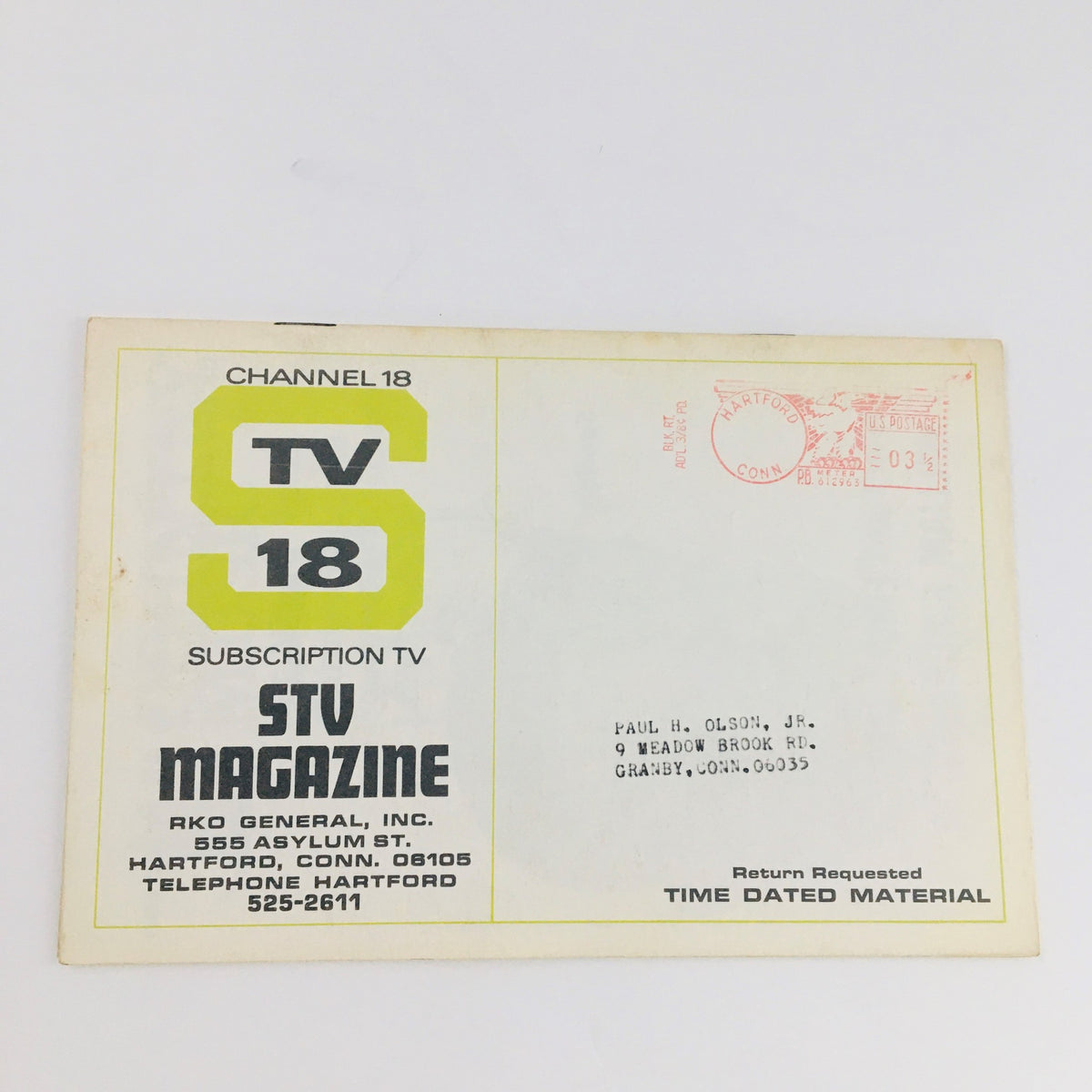 Back cover of STV Magazine Subscription TV May 11-24 1968 featuring address label and vintage advertisement details.