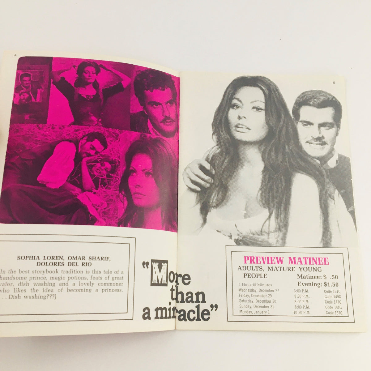 Interior page of STV Magazine Subscription TV from December 23, 1967 to January 5, 1968 showcasing film stills including Sophia Loren and Omar Sharif in a promotional layout for the movie 'More than a Miracle'.
