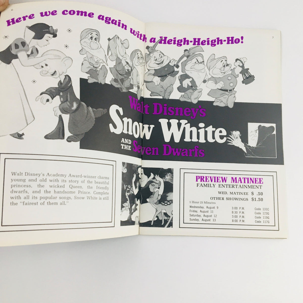 Inside spread of STV Magazine Subscription TV August 5-18, 1967 showcasing Walt Disney's Snow White and the Seven Dwarfs along with movie showtimes.