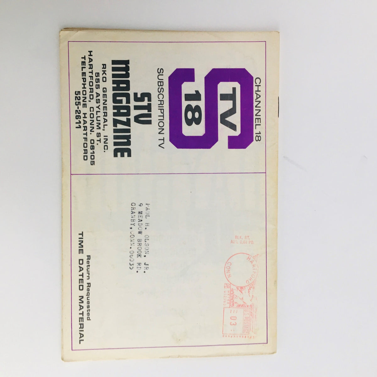 Back cover of STV Magazine Subscription TV August 17-30, 1968, showcasing mailing details and vintage design elements associated with the publication.