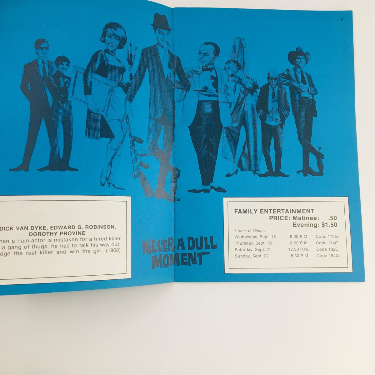 Inside spread of STV Magazine, September 14-27, 1968, showcasing an advertisement for the movie Never a Dull Moment, highlighting its cast.