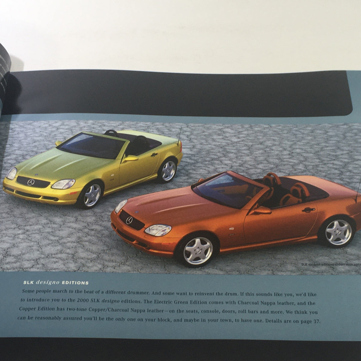 2000 Mercedes-Benz SLK Designo Editions Dealership Car Auto Brochure Catalog featuring two convertible cars in Electric Green and Copper colors.