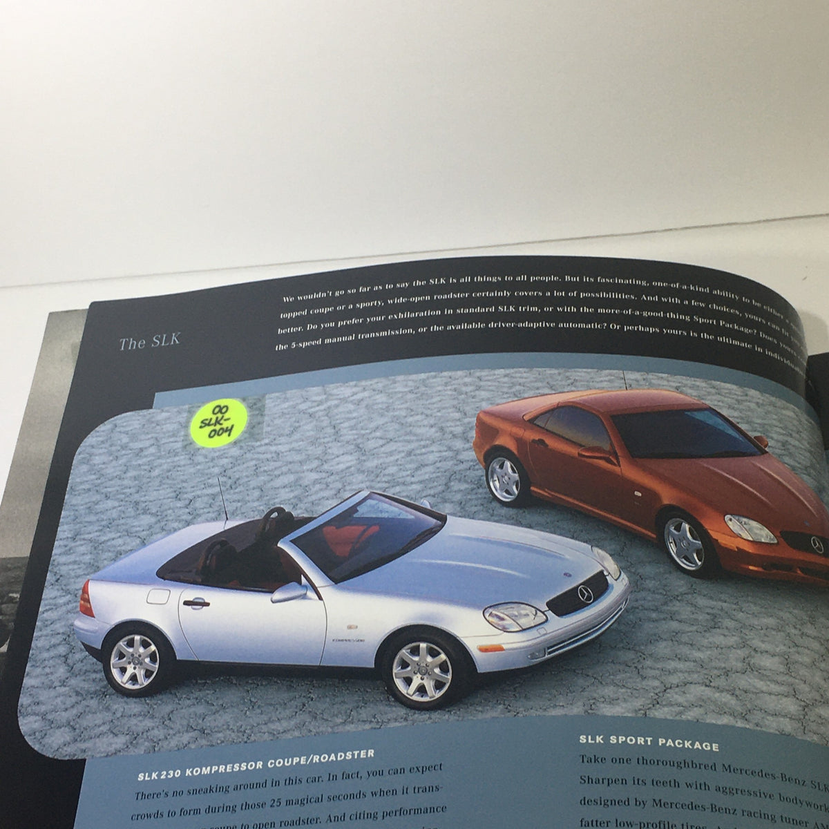 2000 Mercedes-Benz SLK Designo Editions Dealership Car Auto Brochure Catalog showcasing a white SLK230 Kompressor with a red SLK.