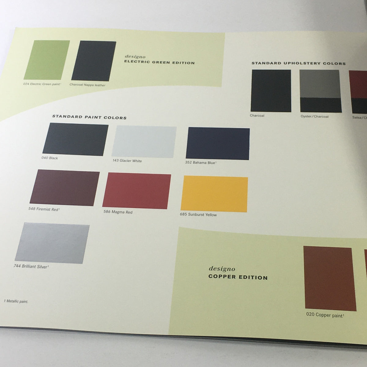 Color samples from the 2000 Mercedes-Benz SLK Designo Editions dealership car auto brochure catalog, showcasing standard paint colors, upholstery options, and special editions including Electric Green and Copper Edition.