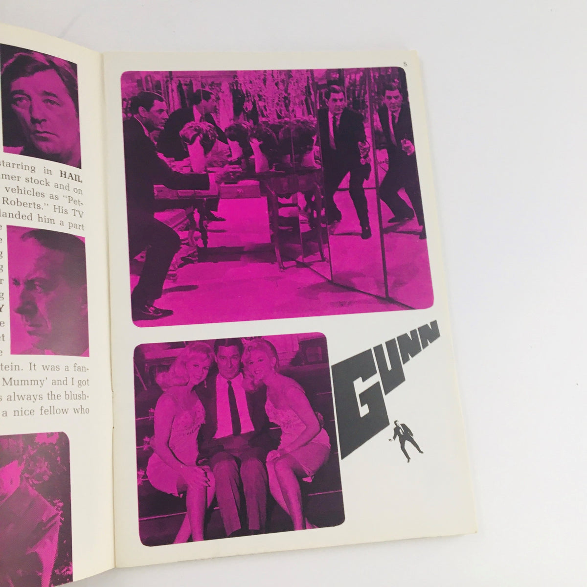 Interior page of STV Magazine Subscription TV, showcasing images and text related to the film 'GUNN', with vibrant pink themes.