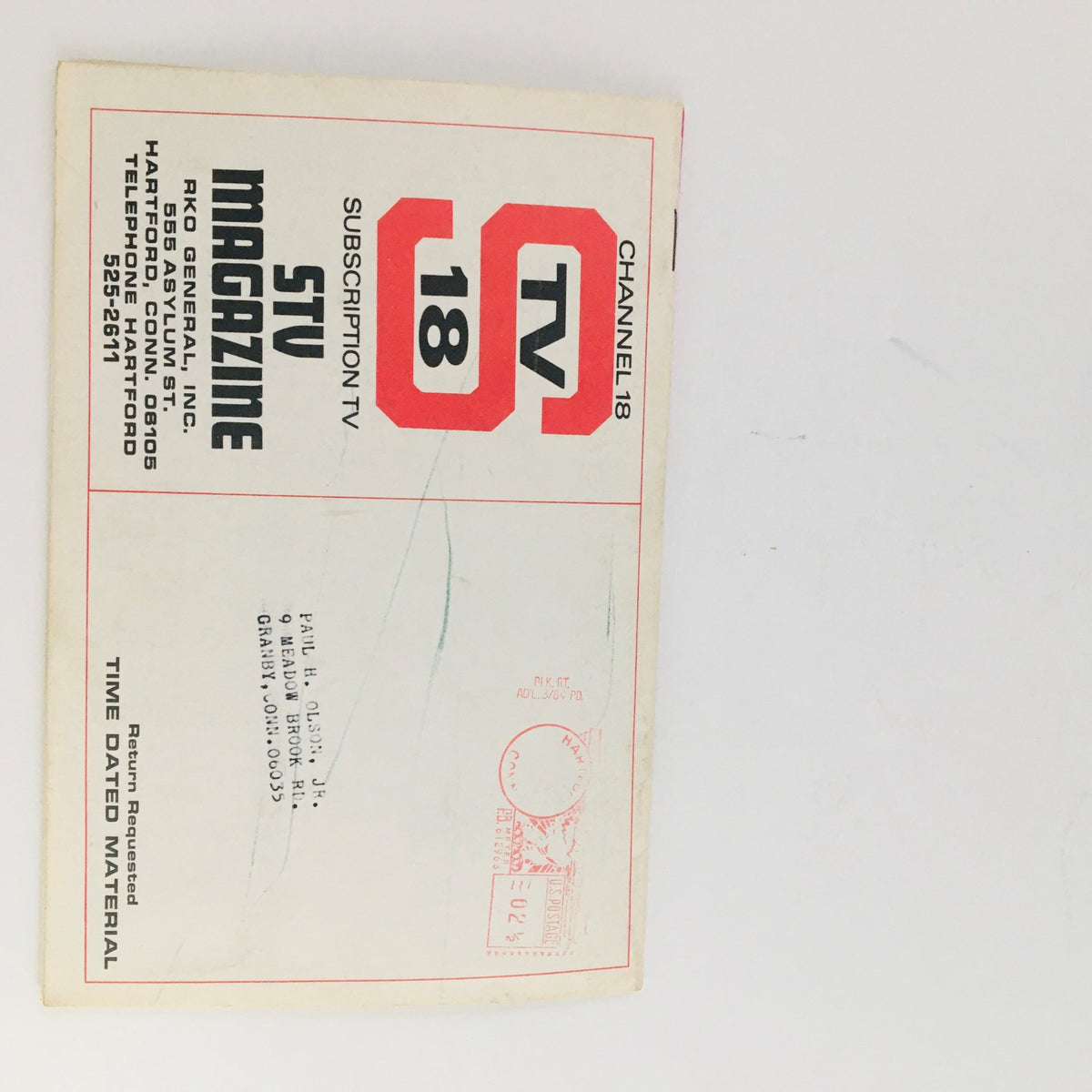 Back cover of the STV Magazine Subscription TV, displaying subscription details including a return address and postal mark.