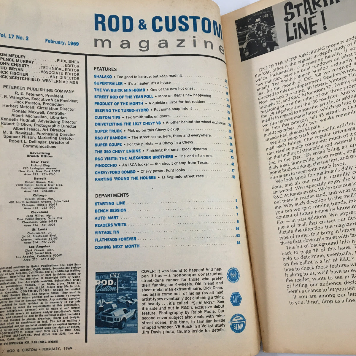 Inside pages of the VTG Rod & Custom Magazine from February 1969 highlighting features and articles on custom automotive design.