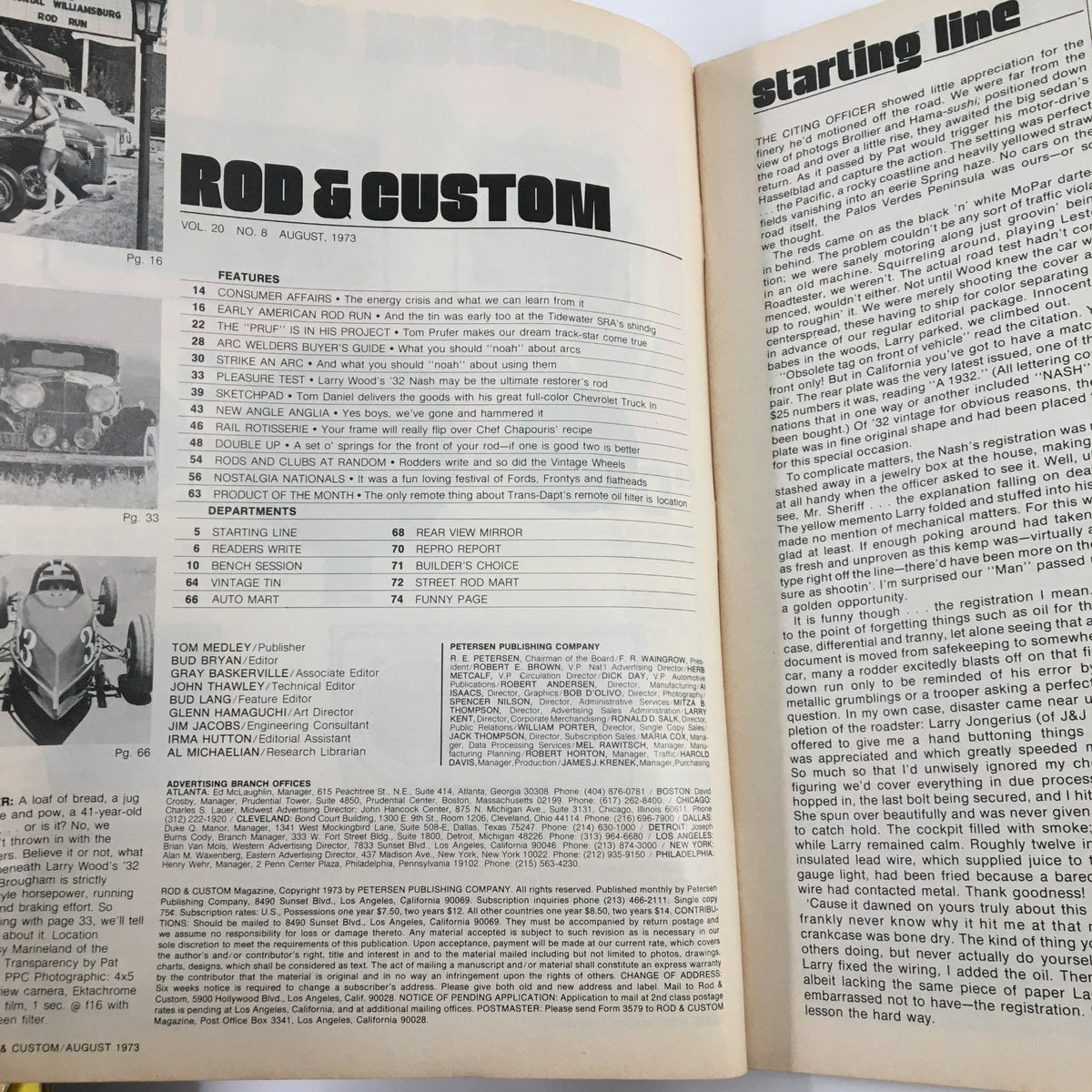 Inside pages of VTG Rod & Custom Magazine August 1973 showcasing the table of contents and text layout, including information related to Larry Wood's '32 Nash Brougham.