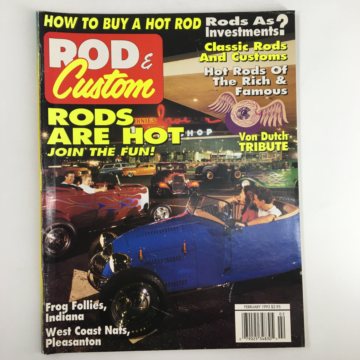 Rod & Custom Magazine February 1993 cover featuring classic rods and customs, showcasing vintage vehicles and automotive culture.
