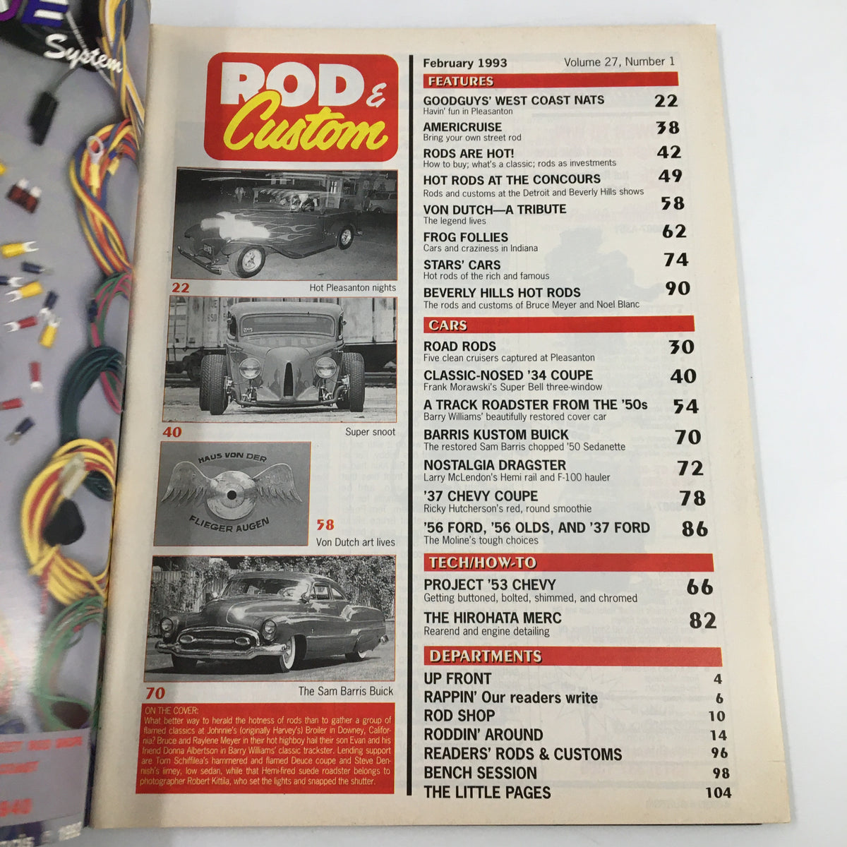 Inside page of Rod & Custom Magazine February 1993 displaying the table of contents with featured articles on classic cars and customs.