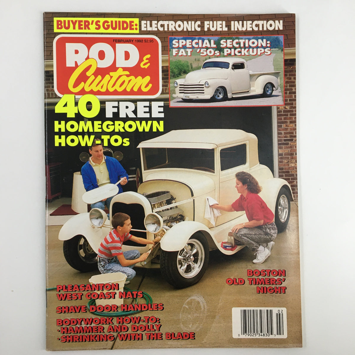Rod & Custom Magazine February 1992 featuring the Barker Family Driveway, showcasing a classic car on the cover with text highlighting features such as 40 homegrown how-tos and special sections on fat '50s pickups.