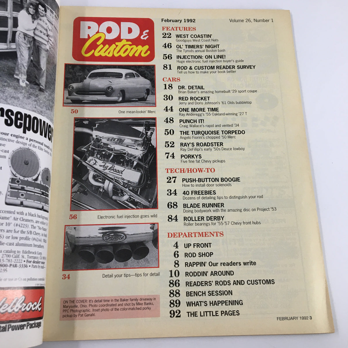 Inside page of Rod & Custom Magazine February 1992, displaying table of contents with featured articles and highlights including cars, tech/how-tos, and departments related to classic car culture.