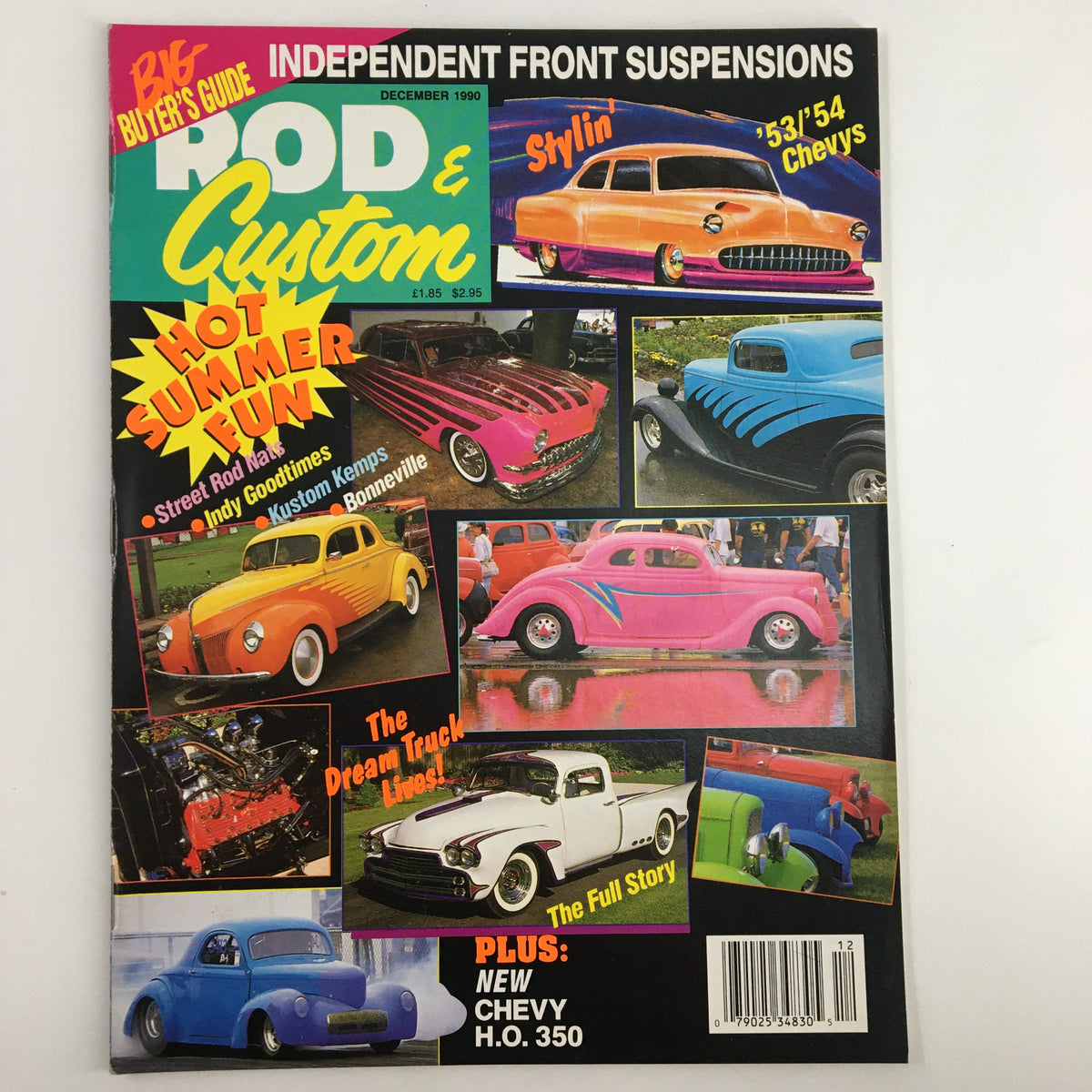 Rod & Custom Magazine December 1990 cover featuring vibrant patchwork of colorful cars and a bold title, showcasing the essence of car culture.